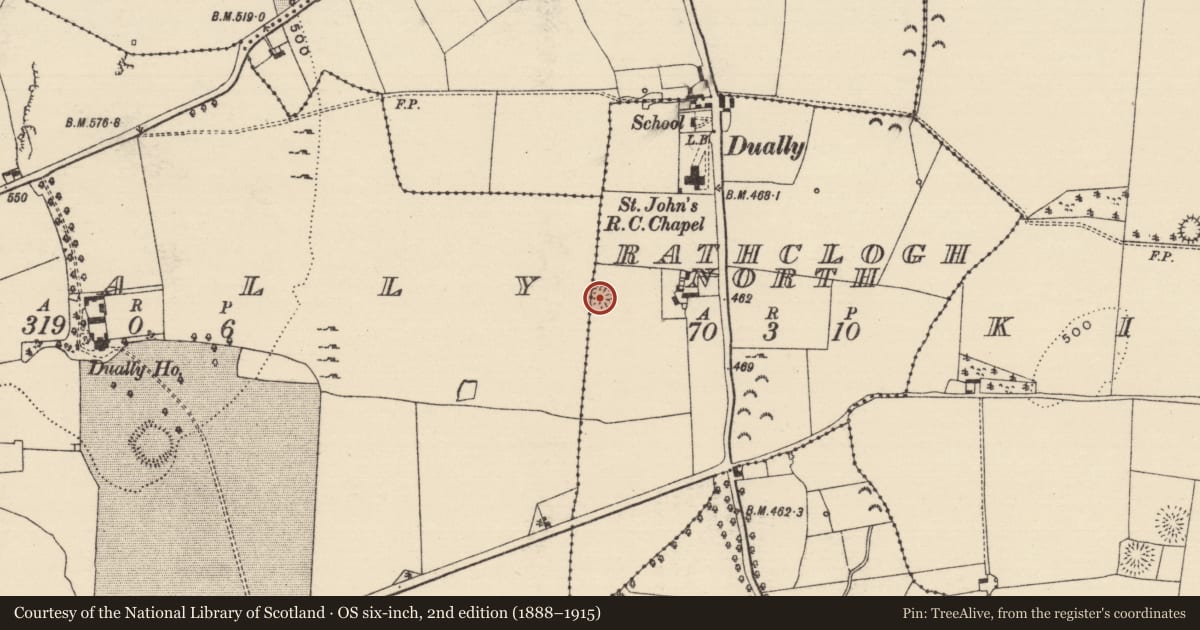 Ordnance Survey six-inch map, 2nd edition (1888–1915) covering the location of Ringfort - rath, Dually, Rathclogh North, County Tipperary South, with a pin at the register's coordinates