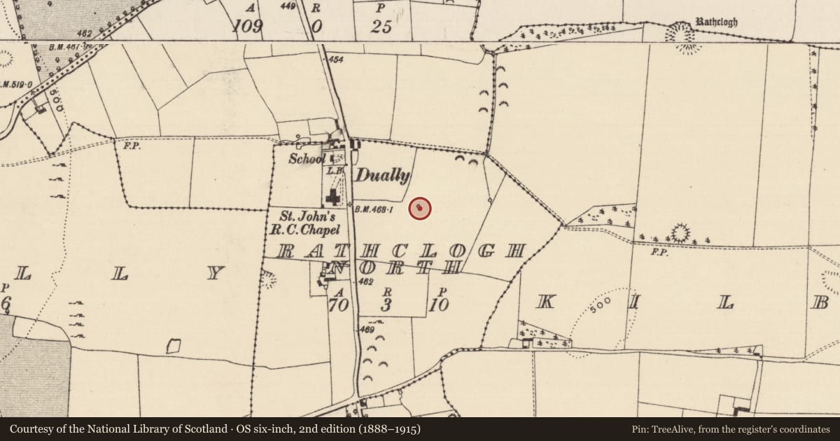 Ordnance Survey six-inch map, 2nd edition (1888–1915) covering the location of Fulacht fia, Rathclogh North, County Tipperary South, with a pin at the register's coordinates