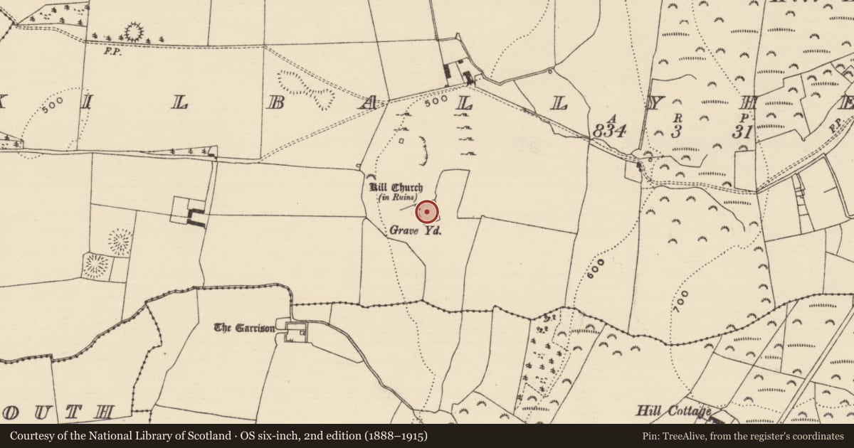 Ordnance Survey six-inch map, 2nd edition (1888–1915) covering the location of Graveyard, Kilballyherberry, County Tipperary South, with a pin at the register's coordinates