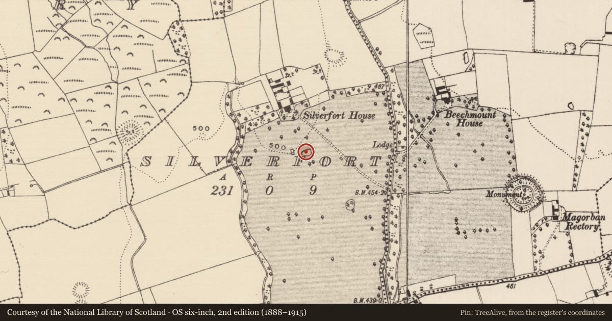 Ordnance Survey six-inch map, 2nd edition (1888–1915) covering the location of Enclosure, Silverfort, County Tipperary South, with a pin at the register's coordinates