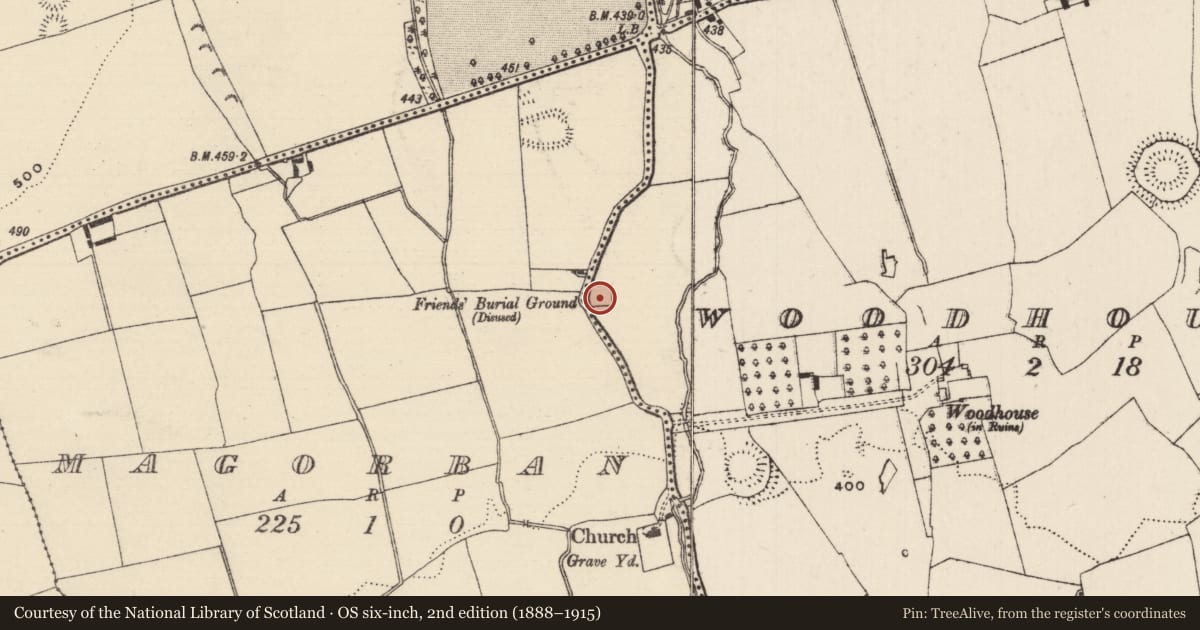 Ordnance Survey six-inch map, 2nd edition (1888–1915) covering the location of Burial ground, Woodhouse, County Tipperary South, with a pin at the register's coordinates