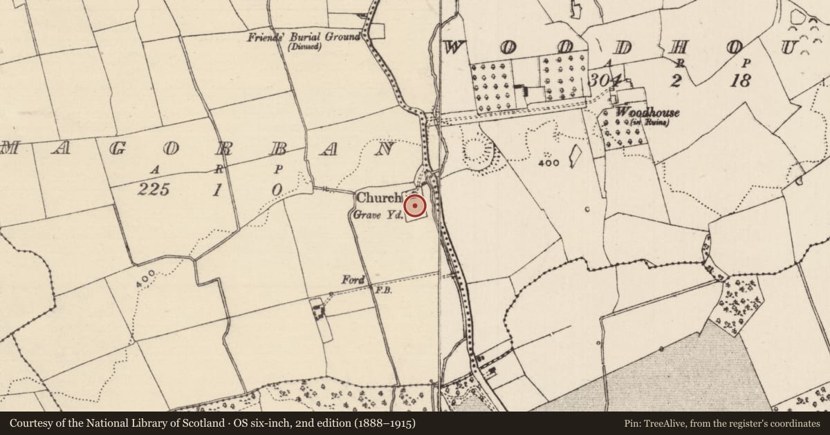 Ordnance Survey six-inch map, 2nd edition (1888–1915) covering the location of Church, Magorban, County Tipperary South, with a pin at the register's coordinates