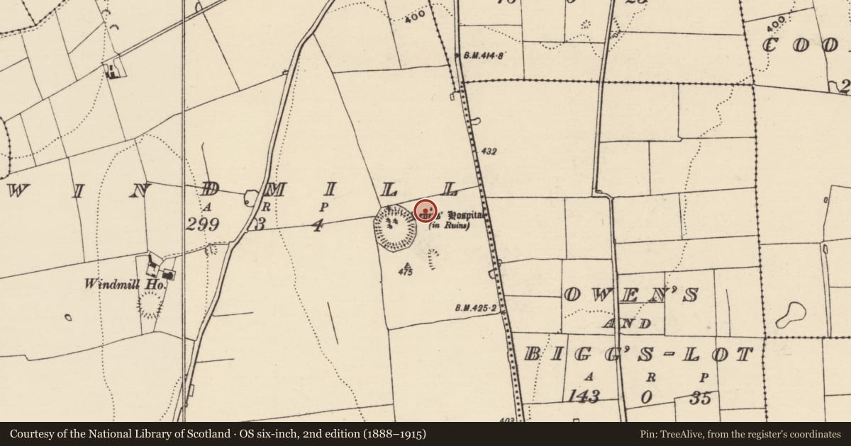 Ordnance Survey six-inch map, 2nd edition (1888–1915) covering the location of Leper hospital, Windmill, County Tipperary South, with a pin at the register's coordinates