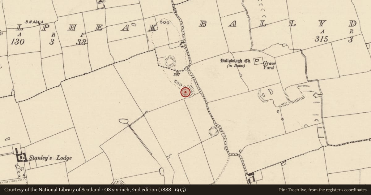 Ordnance Survey six-inch map, 2nd edition (1888–1915) covering the location of Barrow - ring-barrow, Ballycomisk, County Tipperary South, with a pin at the register's coordinates