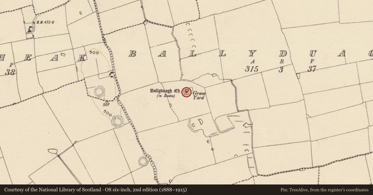 Ordnance Survey six-inch map, 2nd edition (1888–1915) covering the location of Graveyard, Ballyduagh (Railstown Par.), County Tipperary South, with a pin at the register's coordinates