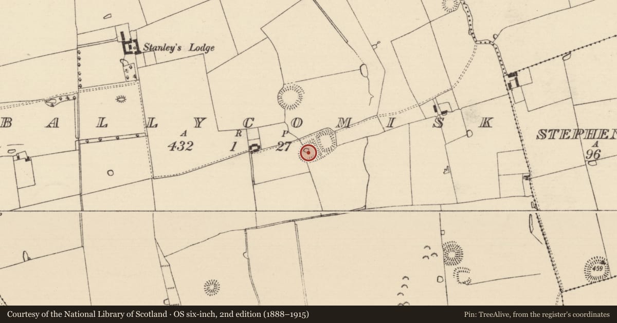 Ordnance Survey six-inch map, 2nd edition (1888–1915) covering the location of Moated site, Ballycomisk, County Tipperary South, with a pin at the register's coordinates