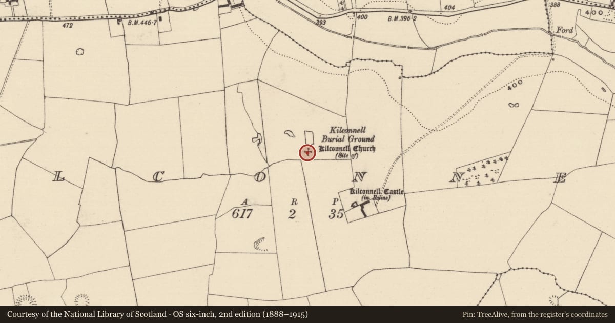 Ordnance Survey six-inch map, 2nd edition (1888–1915) covering the location of Church, Kilconnell, County Tipperary South, with a pin at the register's coordinates