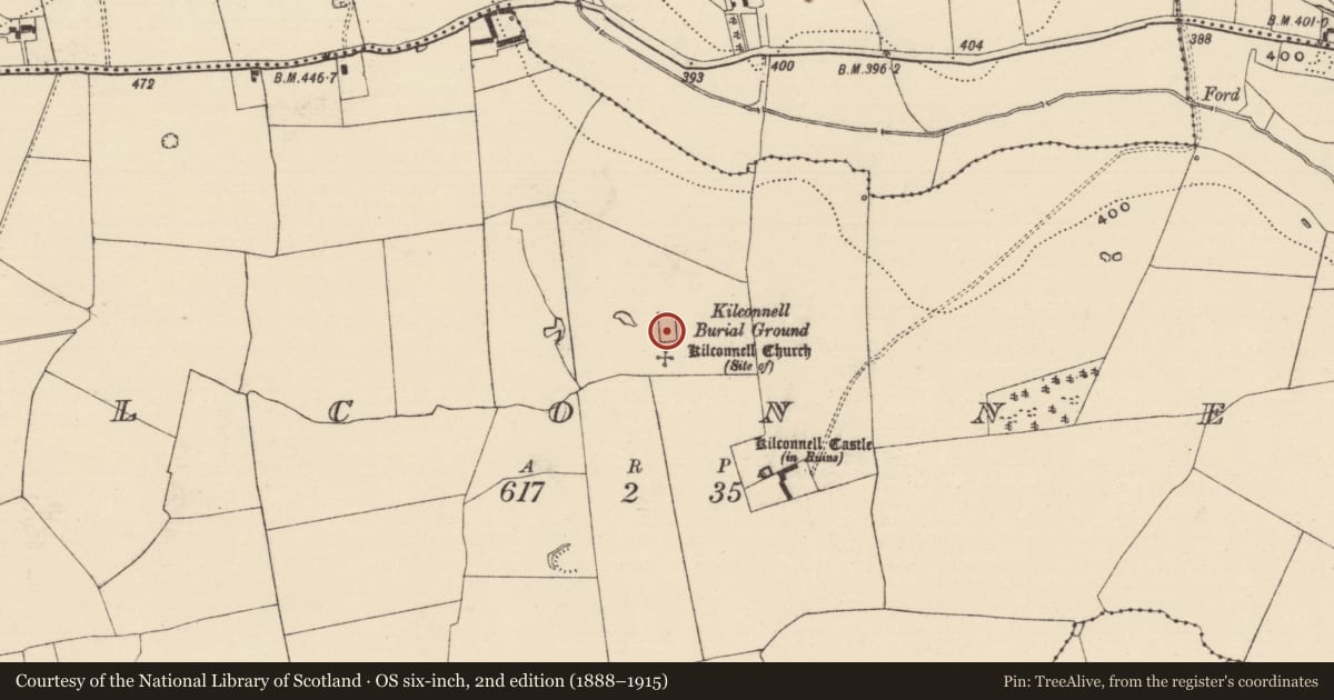 Ordnance Survey six-inch map, 2nd edition (1888–1915) covering the location of Graveyard, Kilconnell, County Tipperary South, with a pin at the register's coordinates