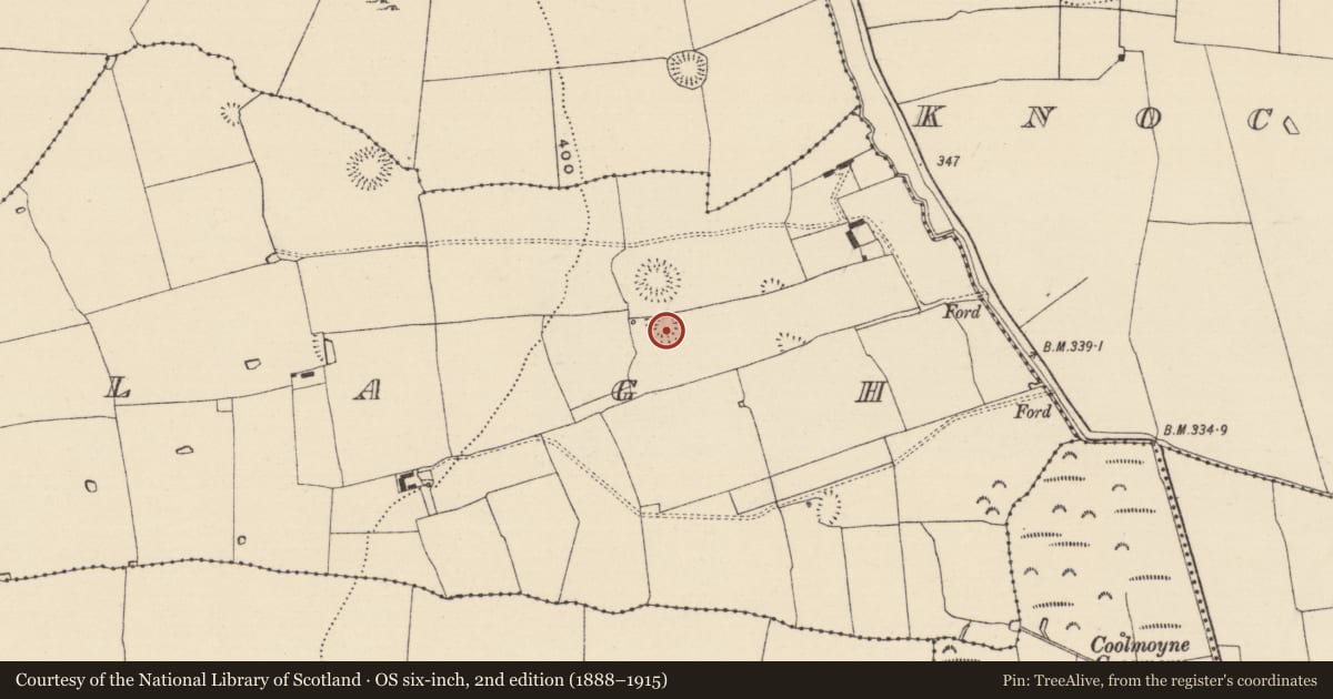 Ordnance Survey six-inch map, 2nd edition (1888–1915) covering the location of Concentric enclosure, Kilsallagh, County Tipperary South, with a pin at the register's coordinates