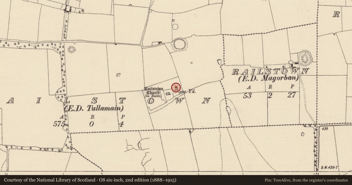 Ordnance Survey six-inch map, 2nd edition (1888–1915) covering the location of Earthwork, Railstown (Railstown Par.), County Tipperary South, with a pin at the register's coordinates