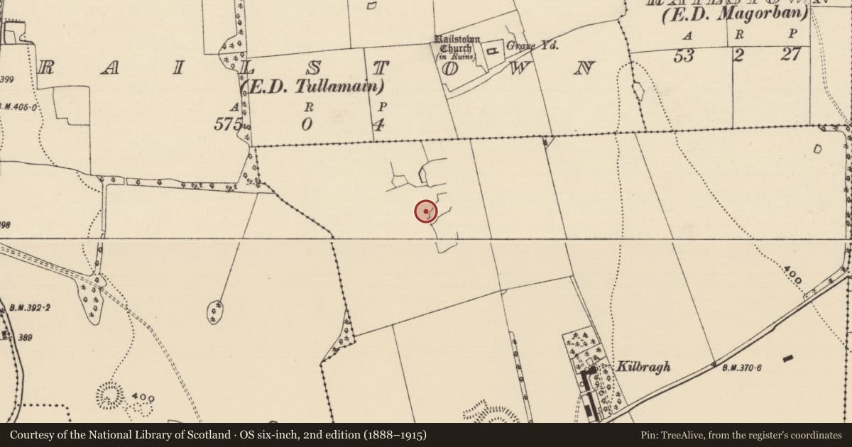 Ordnance Survey six-inch map, 2nd edition (1888–1915) covering the location of Settlement deserted - medieval, Kilbragh (Railstown Par.), County Tipperary South, with a pin at the register's coordinates