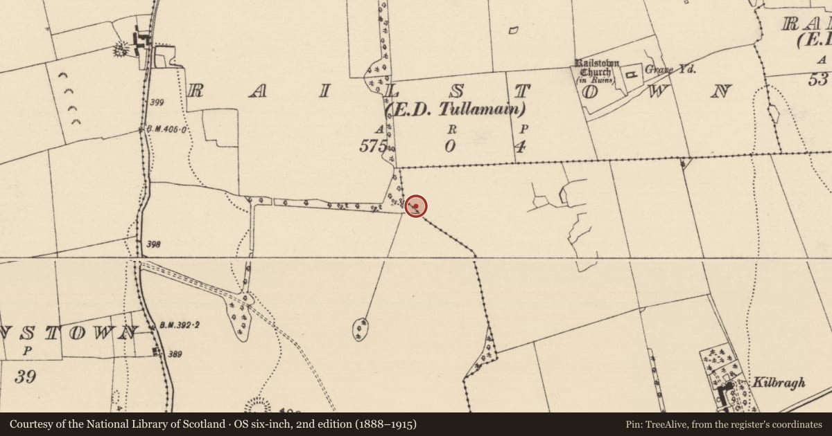 Ordnance Survey six-inch map, 2nd edition (1888–1915) covering the location of Road - hollow-way, Kilbragh (Railstown Par.), Railstown (Railstown Par.), County Tipperary South, with a pin at the register's coordinates