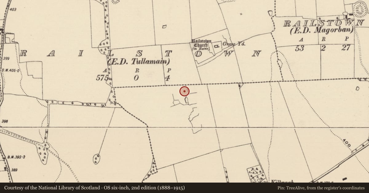 Ordnance Survey six-inch map, 2nd edition (1888–1915) covering the location of Building, Kilbragh (Railstown Par.), County Tipperary South, with a pin at the register's coordinates