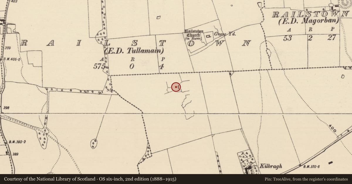 Ordnance Survey six-inch map, 2nd edition (1888–1915) covering the location of House - medieval, Kilbragh (Railstown Par.), County Tipperary South, with a pin at the register's coordinates