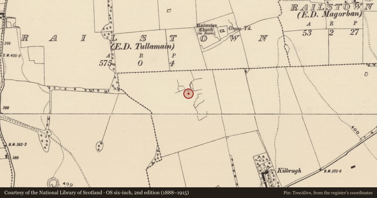 Ordnance Survey six-inch map, 2nd edition (1888–1915) covering the location of House - medieval, Kilbragh (Railstown Par.), County Tipperary South, with a pin at the register's coordinates