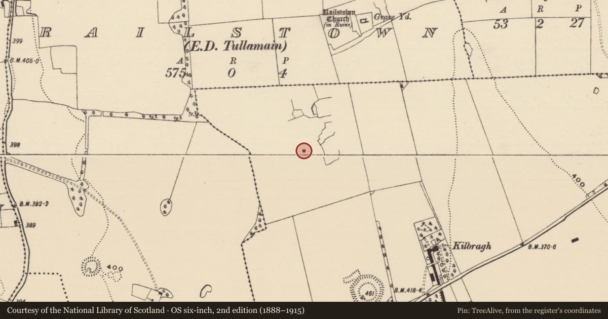 Ordnance Survey six-inch map, 2nd edition (1888–1915) covering the location of House - medieval, Kilbragh (Railstown Par.), County Tipperary South, with a pin at the register's coordinates