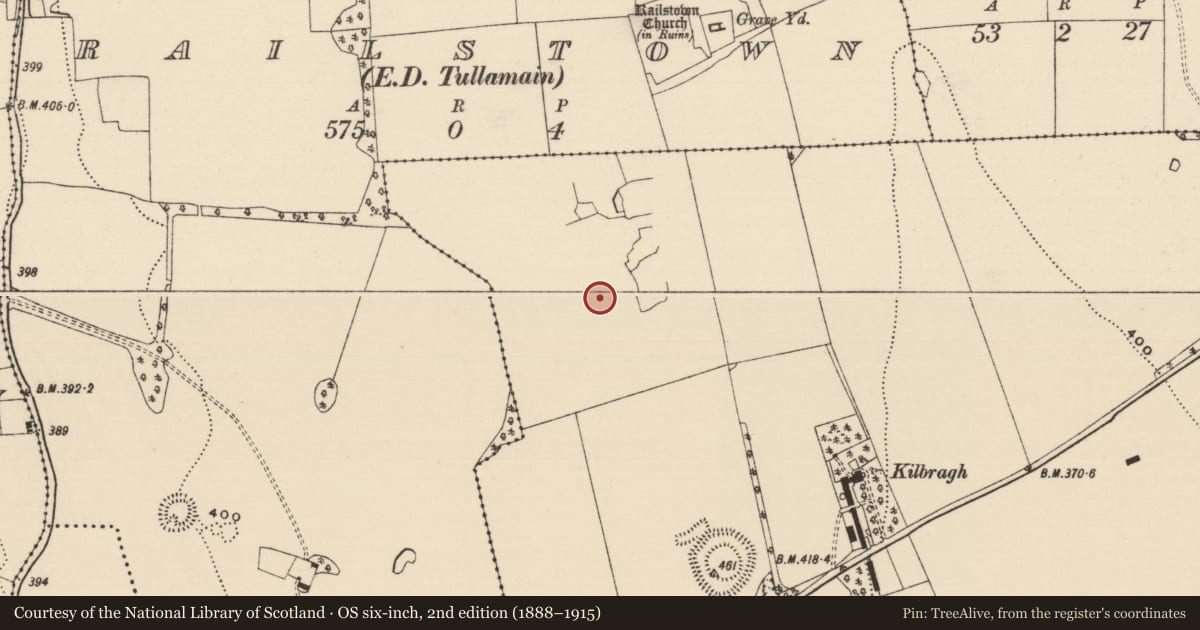 Ordnance Survey six-inch map, 2nd edition (1888–1915) covering the location of Building, Kilbragh (Railstown Par.), County Tipperary South, with a pin at the register's coordinates