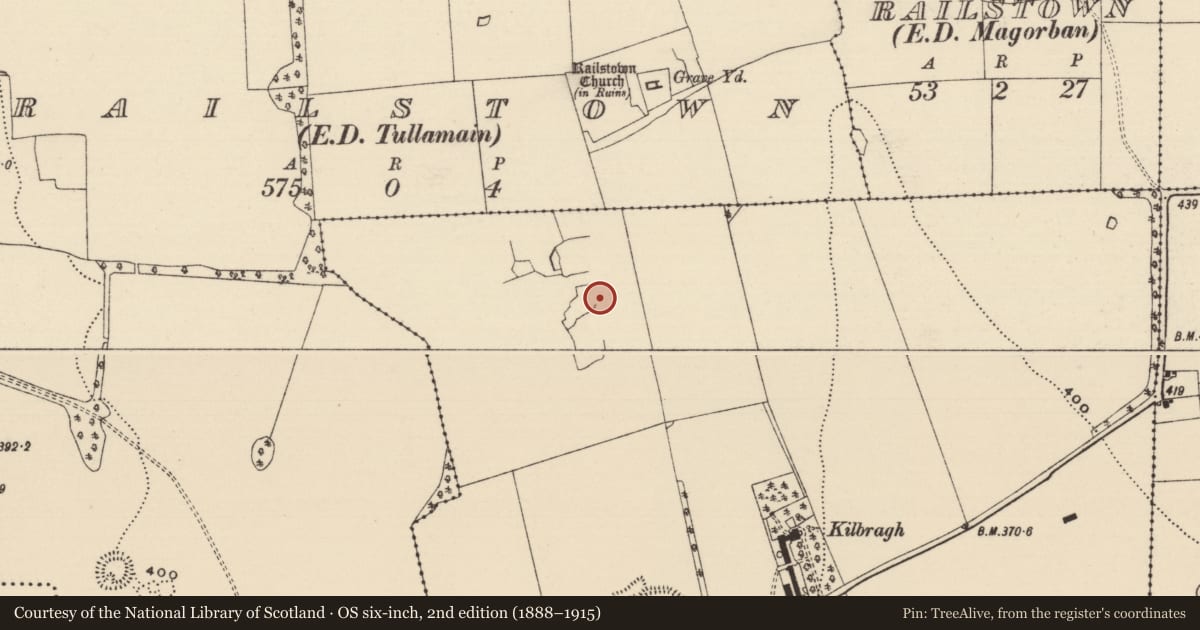 Ordnance Survey six-inch map, 2nd edition (1888–1915) covering the location of Building, Kilbragh (Railstown Par.), County Tipperary South, with a pin at the register's coordinates