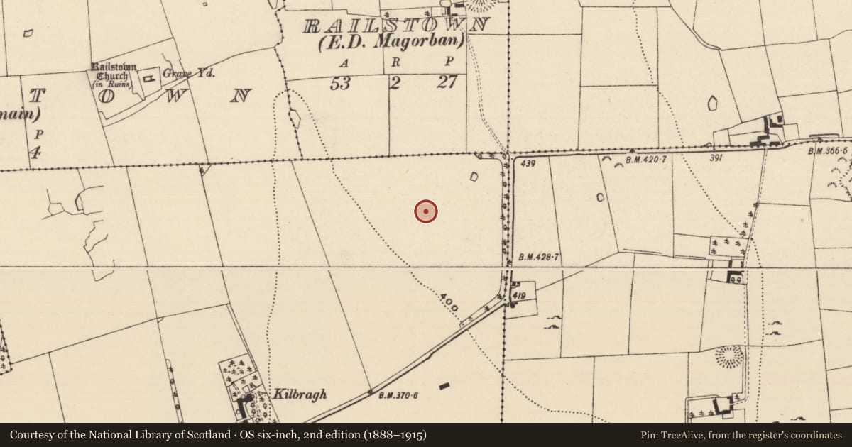 Ordnance Survey six-inch map, 2nd edition (1888–1915) covering the location of Enclosure, Kilbragh (Railstown Par.), County Tipperary South, with a pin at the register's coordinates