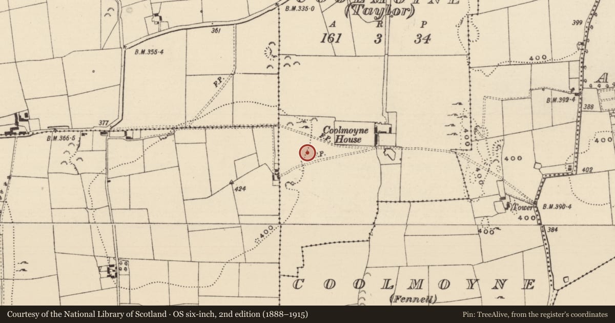 Ordnance Survey six-inch map, 2nd edition (1888–1915) covering the location of Earthwork, Coolmoyne, County Tipperary South, with a pin at the register's coordinates