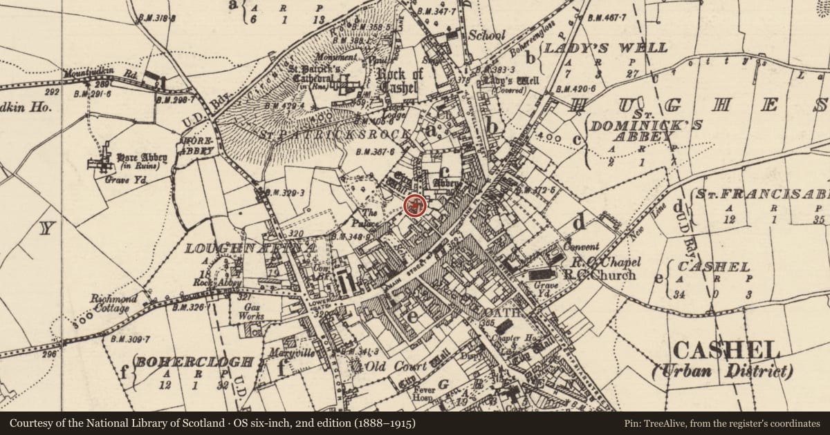 Ordnance Survey six-inch map, 2nd edition (1888–1915) covering the location of Standing stone (present location), Cashel, County Tipperary South, with a pin at the register's coordinates