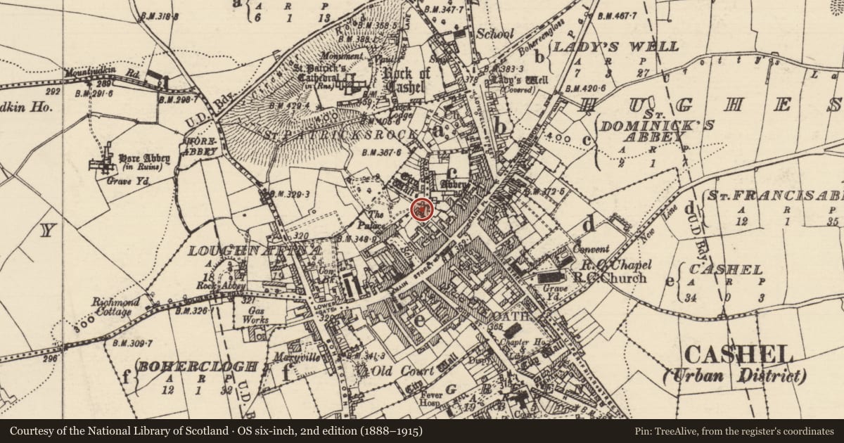 Ordnance Survey six-inch map, 2nd edition (1888–1915) covering the location of Bullaun stone (present location), St. Patricksrock, County Tipperary South, with a pin at the register's coordinates