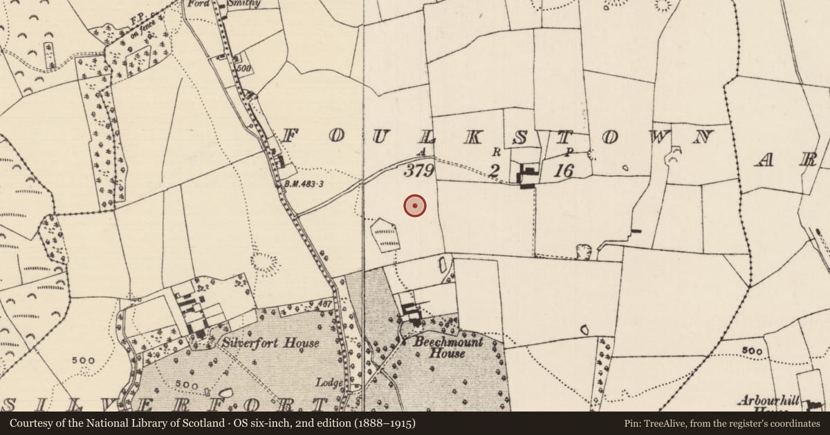 Ordnance Survey six-inch map, 2nd edition (1888–1915) covering the location of Moated site, Foulkstown, County Tipperary South, with a pin at the register's coordinates