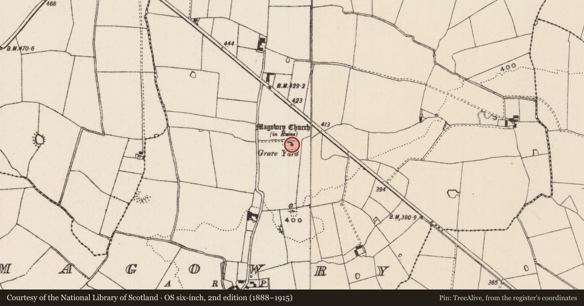Ordnance Survey six-inch map, 2nd edition (1888–1915) covering the location of Graveyard, Magowry, County Tipperary South, with a pin at the register's coordinates
