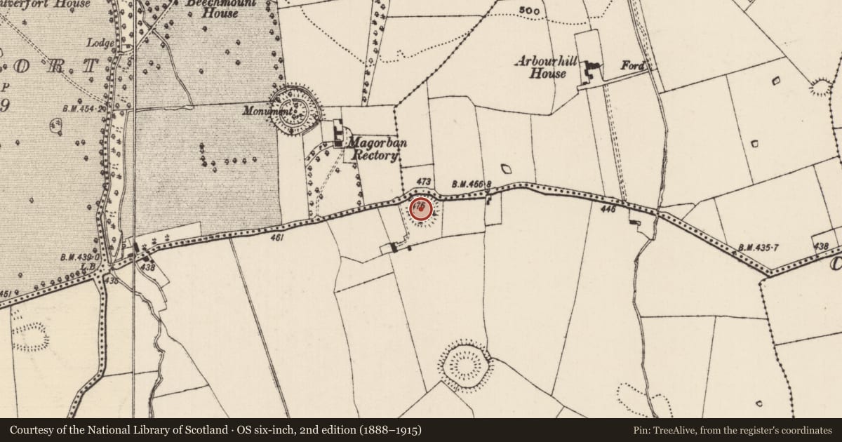 Ordnance Survey six-inch map, 2nd edition (1888–1915) covering the location of Ringfort - rath, Arbourhill (Magorban Par.), Woodhouse, County Tipperary South, with a pin at the register's coordinates