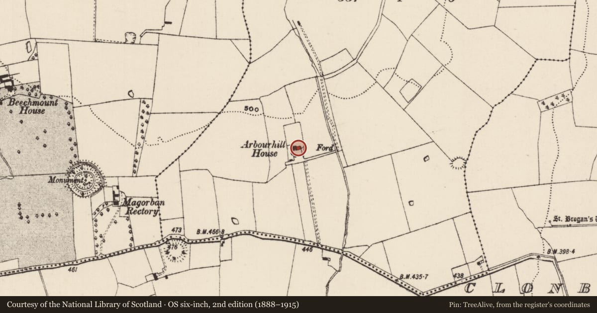 Ordnance Survey six-inch map, 2nd edition (1888–1915) covering the location of House - 17th century, Arbourhill (Magorban Par.), County Tipperary South, with a pin at the register's coordinates