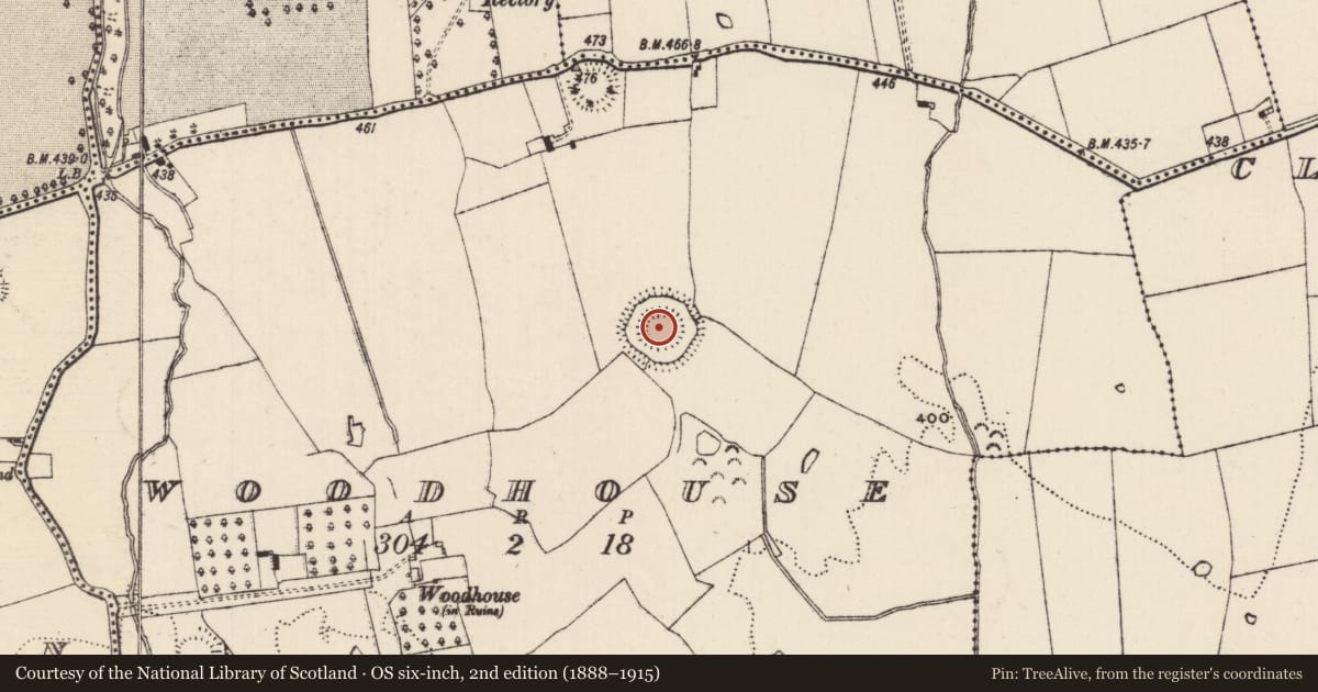 Ordnance Survey six-inch map, 2nd edition (1888–1915) covering the location of Concentric enclosure, Woodhouse, County Tipperary South, with a pin at the register's coordinates