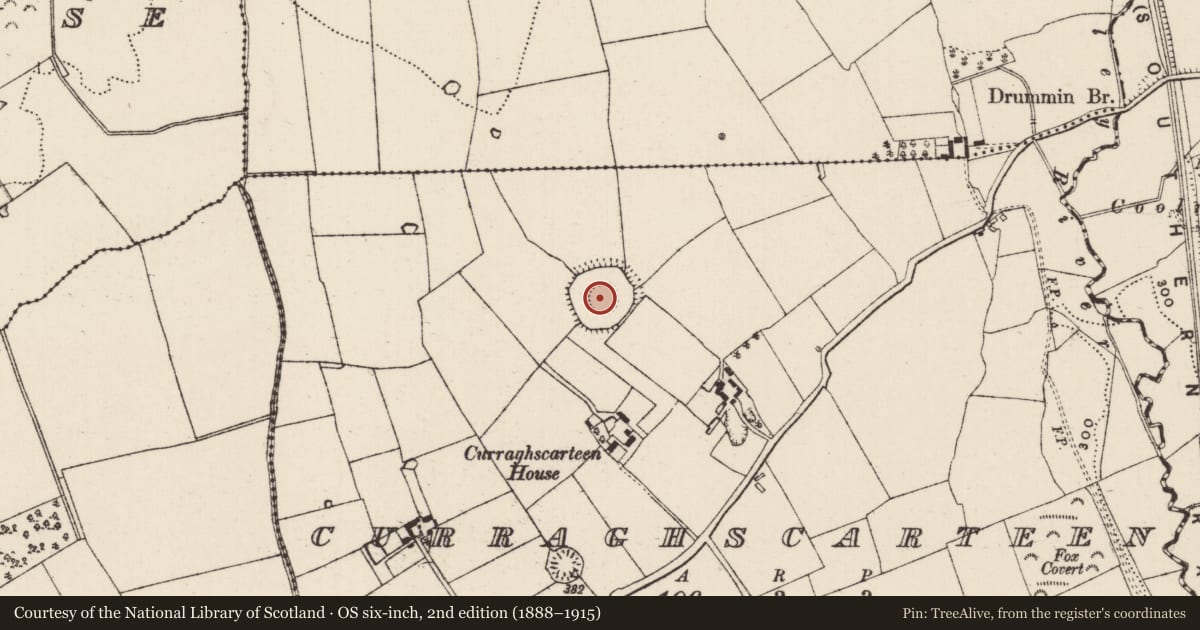 Ordnance Survey six-inch map, 2nd edition (1888–1915) covering the location of Concentric enclosure, Curraghscarteen, County Tipperary South, with a pin at the register's coordinates
