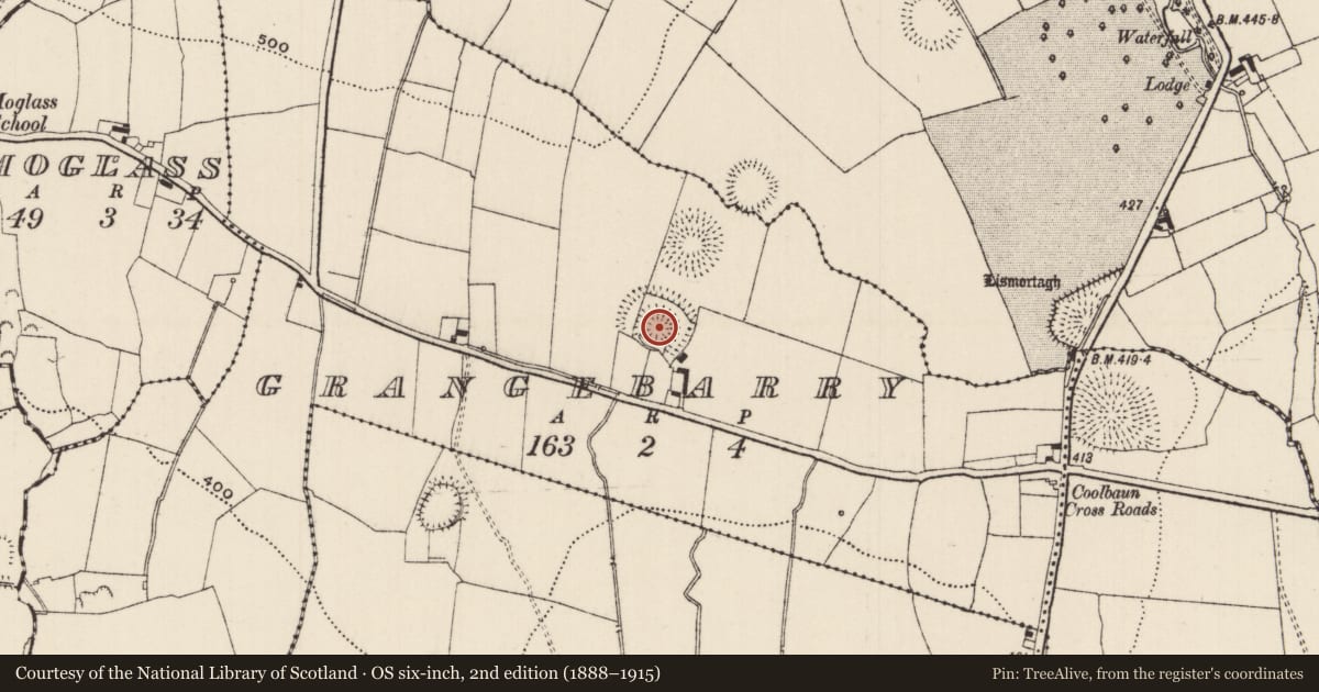Ordnance Survey six-inch map, 2nd edition (1888–1915) covering the location of Concentric enclosure, Grangebarry, County Tipperary South, with a pin at the register's coordinates
