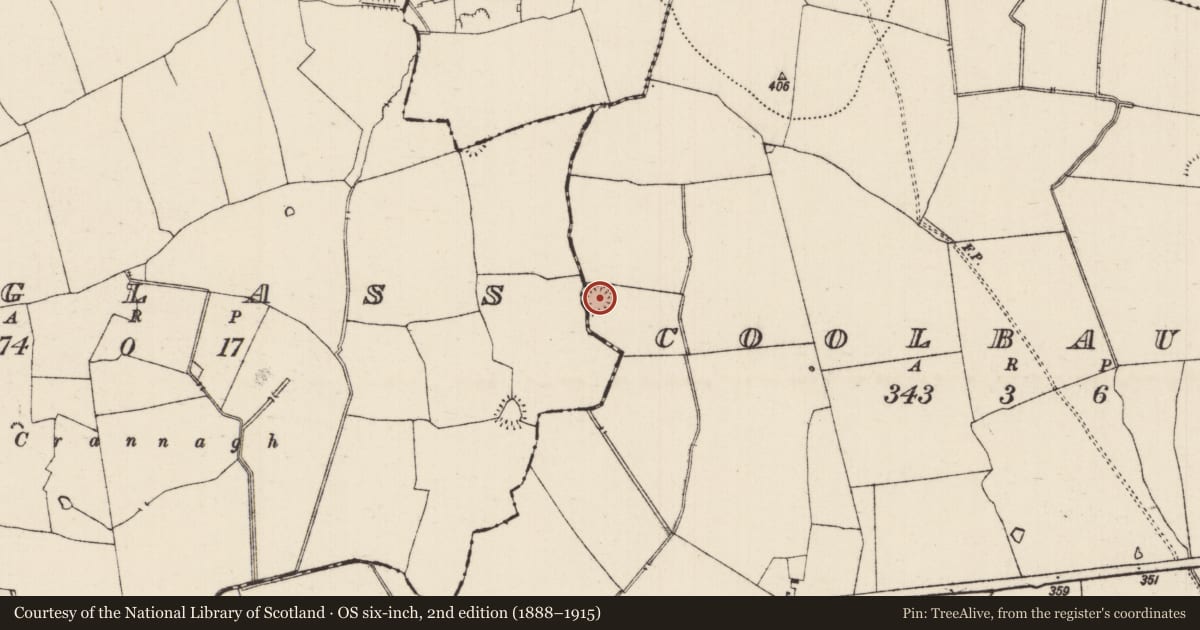 Ordnance Survey six-inch map, 2nd edition (1888–1915) covering the location of Enclosure, Coolbaun (Cooleagh Par.), County Tipperary South, with a pin at the register's coordinates