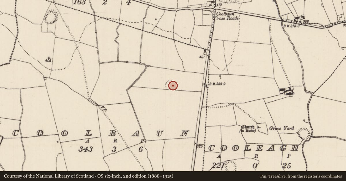 Ordnance Survey six-inch map, 2nd edition (1888–1915) covering the location of Enclosure, Coolbaun (Cooleagh Par.), County Tipperary South, with a pin at the register's coordinates