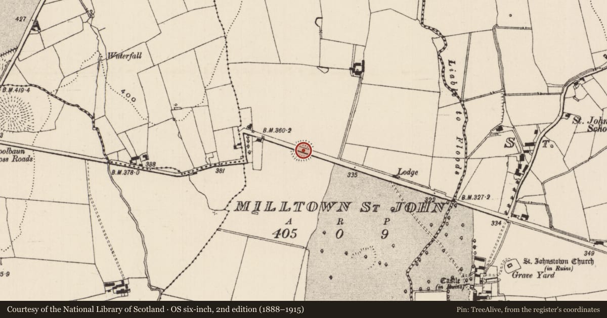 Ordnance Survey six-inch map, 2nd edition (1888–1915) covering the location of Ringfort - rath, Milltown St. John, County Tipperary South, with a pin at the register's coordinates