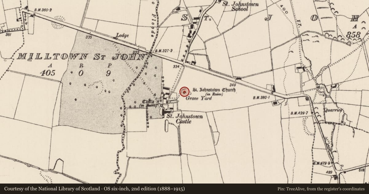Ordnance Survey six-inch map, 2nd edition (1888–1915) covering the location of Church, St. Johnstown, County Tipperary South, with a pin at the register's coordinates