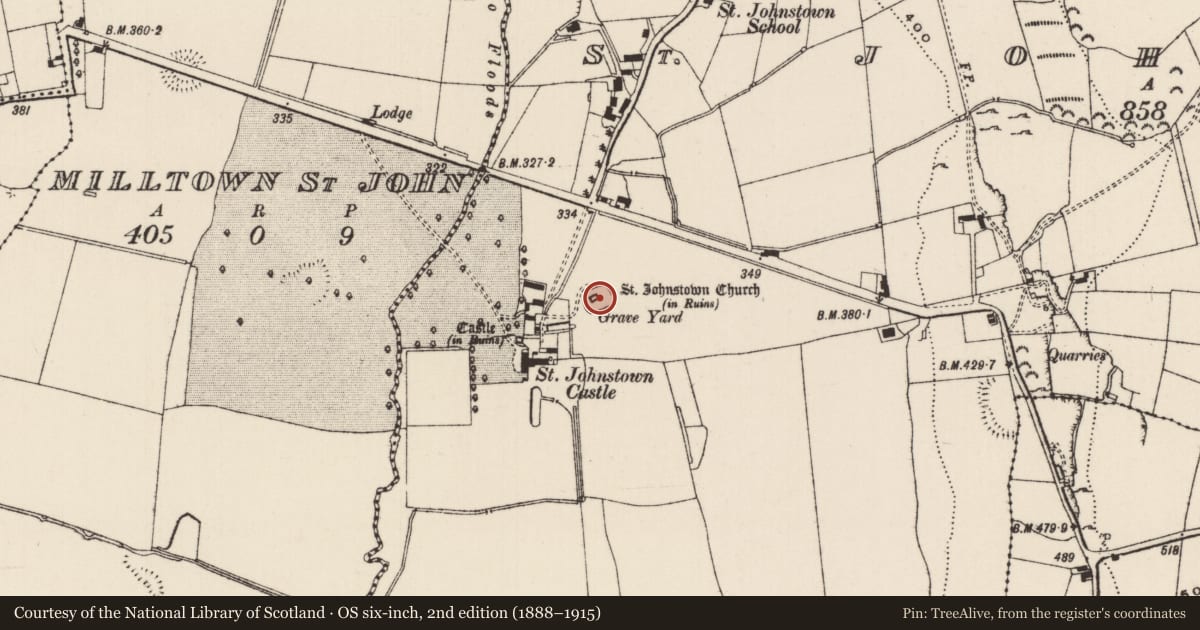 Ordnance Survey six-inch map, 2nd edition (1888–1915) covering the location of Graveyard, St. Johnstown, County Tipperary South, with a pin at the register's coordinates