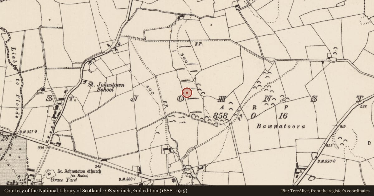 Ordnance Survey six-inch map, 2nd edition (1888–1915) covering the location of Deer park, St. Johnstown, County Tipperary South, with a pin at the register's coordinates