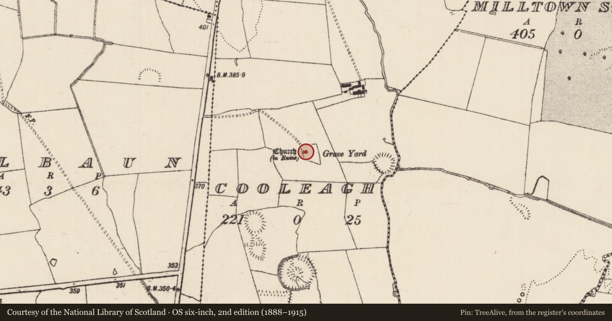 Ordnance Survey six-inch map, 2nd edition (1888–1915) covering the location of Church, Cooleagh (Cooleagh Par.), County Tipperary South, with a pin at the register's coordinates