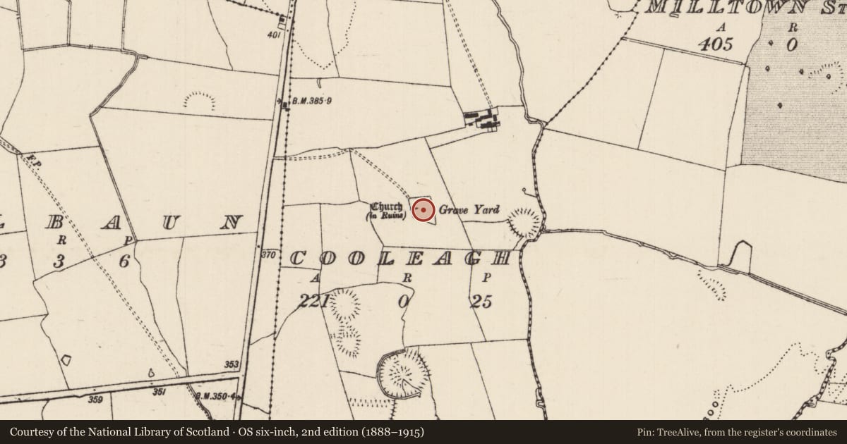 Ordnance Survey six-inch map, 2nd edition (1888–1915) covering the location of Graveyard, Cooleagh (Cooleagh Par.), County Tipperary South, with a pin at the register's coordinates