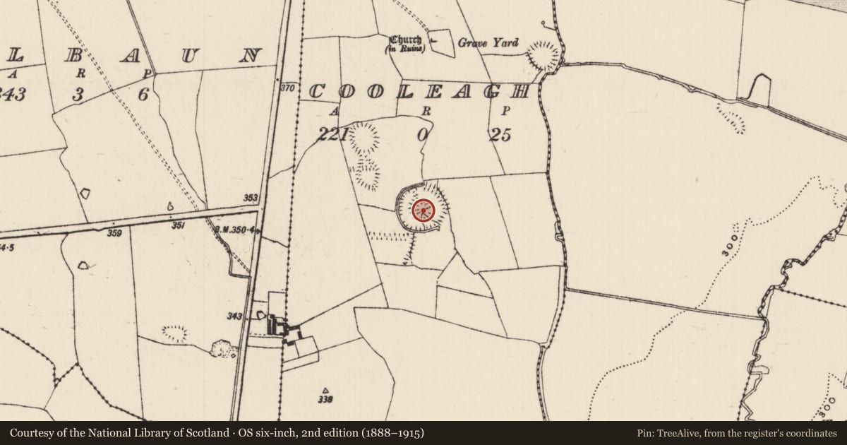 Ordnance Survey six-inch map, 2nd edition (1888–1915) covering the location of Concentric enclosure, Cooleagh (Cooleagh Par.), County Tipperary South, with a pin at the register's coordinates