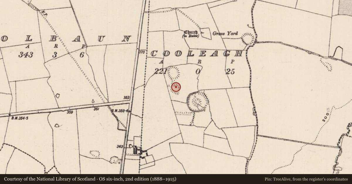 Ordnance Survey six-inch map, 2nd edition (1888–1915) covering the location of Earthwork, Cooleagh (Cooleagh Par.), County Tipperary South, with a pin at the register's coordinates