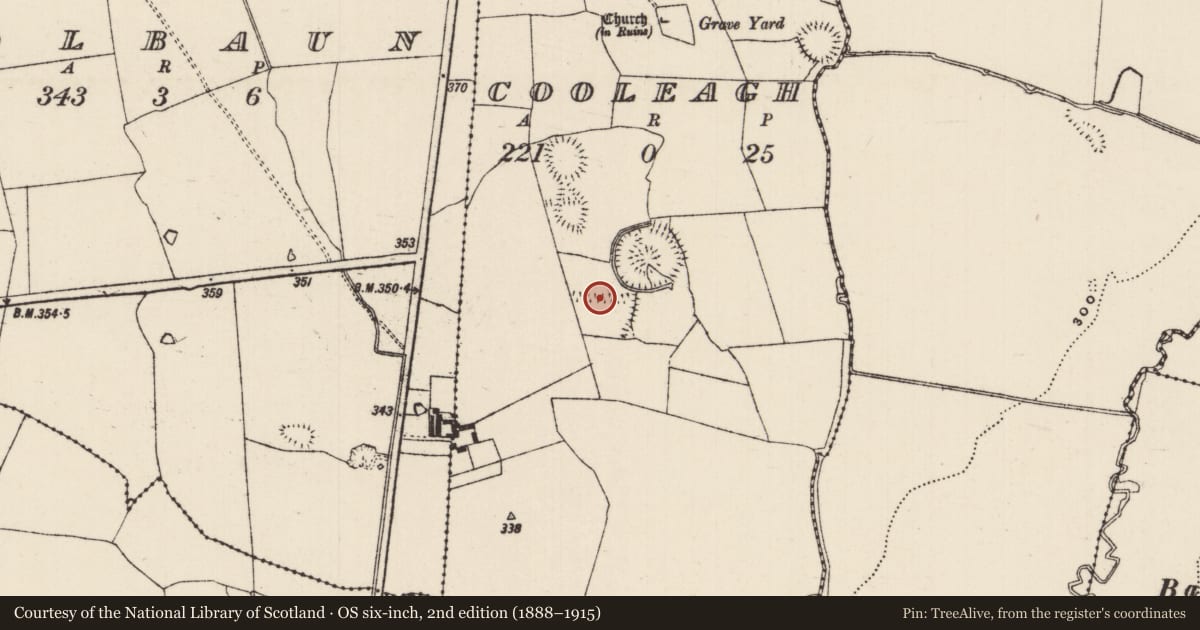 Ordnance Survey six-inch map, 2nd edition (1888–1915) covering the location of Linear earthwork, Cooleagh (Cooleagh Par.), County Tipperary South, with a pin at the register's coordinates
