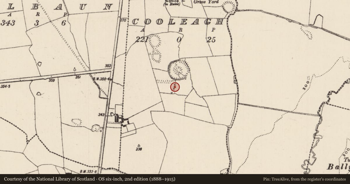 Ordnance Survey six-inch map, 2nd edition (1888–1915) covering the location of Linear earthwork, Cooleagh (Cooleagh Par.), County Tipperary South, with a pin at the register's coordinates