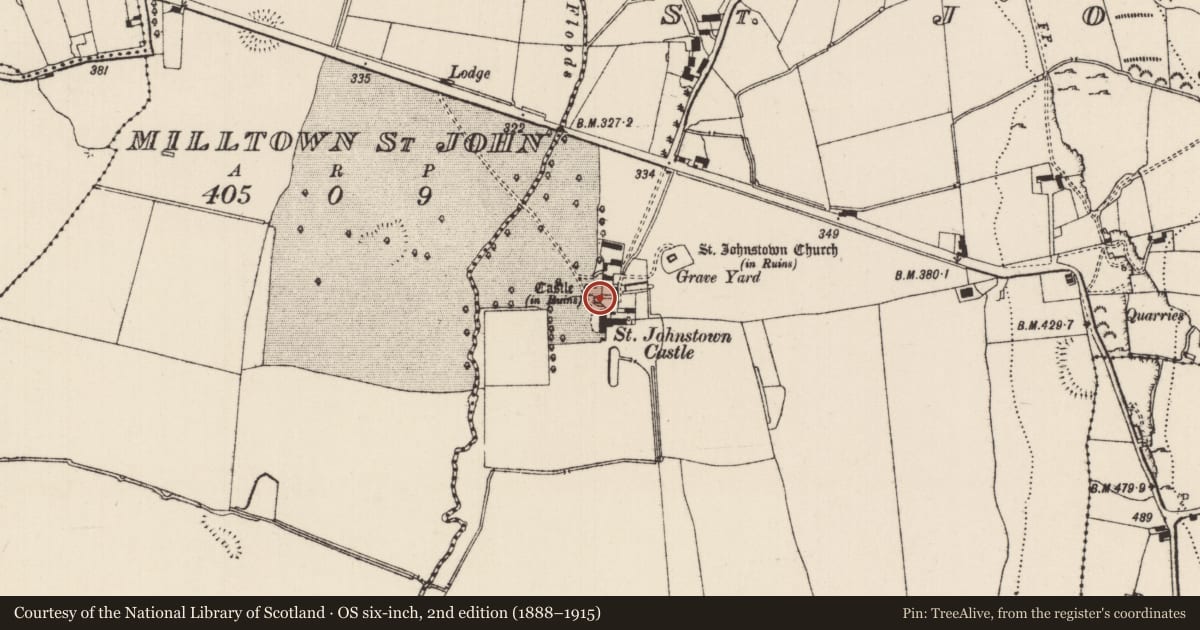 Ordnance Survey six-inch map, 2nd edition (1888–1915) covering the location of Castle - tower house, St. Johnstown, County Tipperary South, with a pin at the register's coordinates