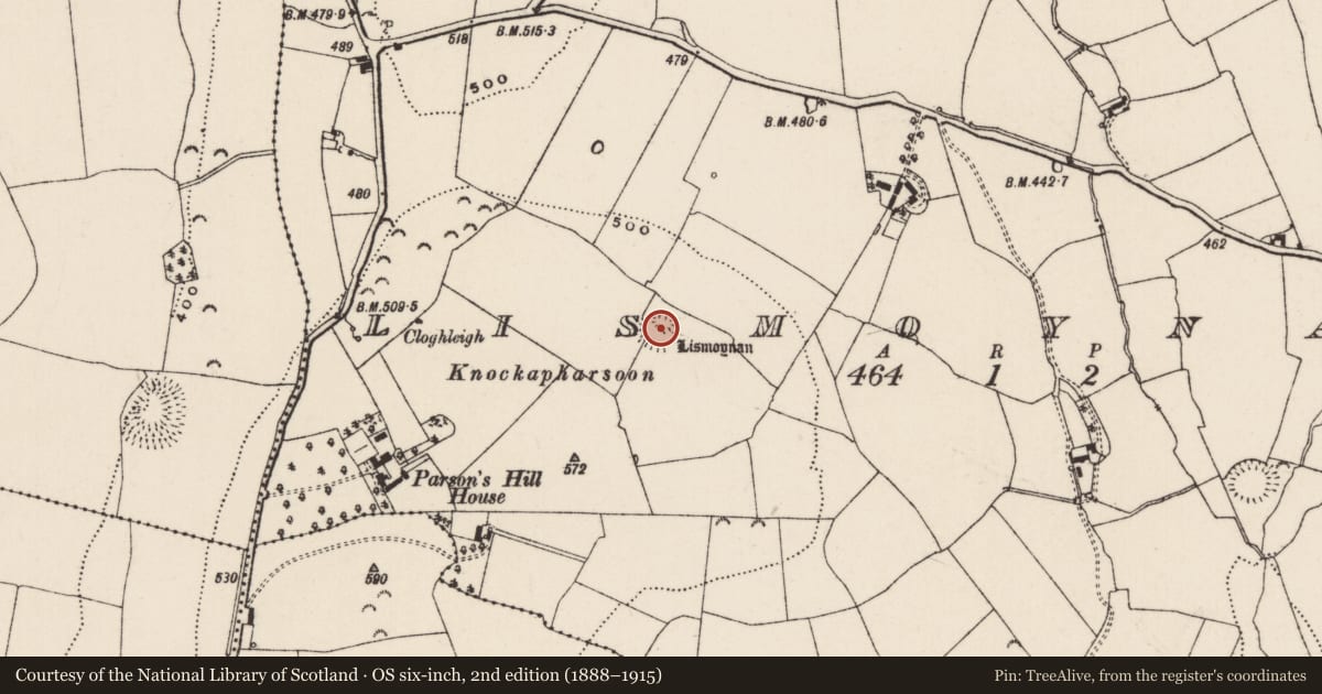 Ordnance Survey six-inch map, 2nd edition (1888–1915) covering the location of Enclosure, Lismoynan, County Tipperary South, with a pin at the register's coordinates