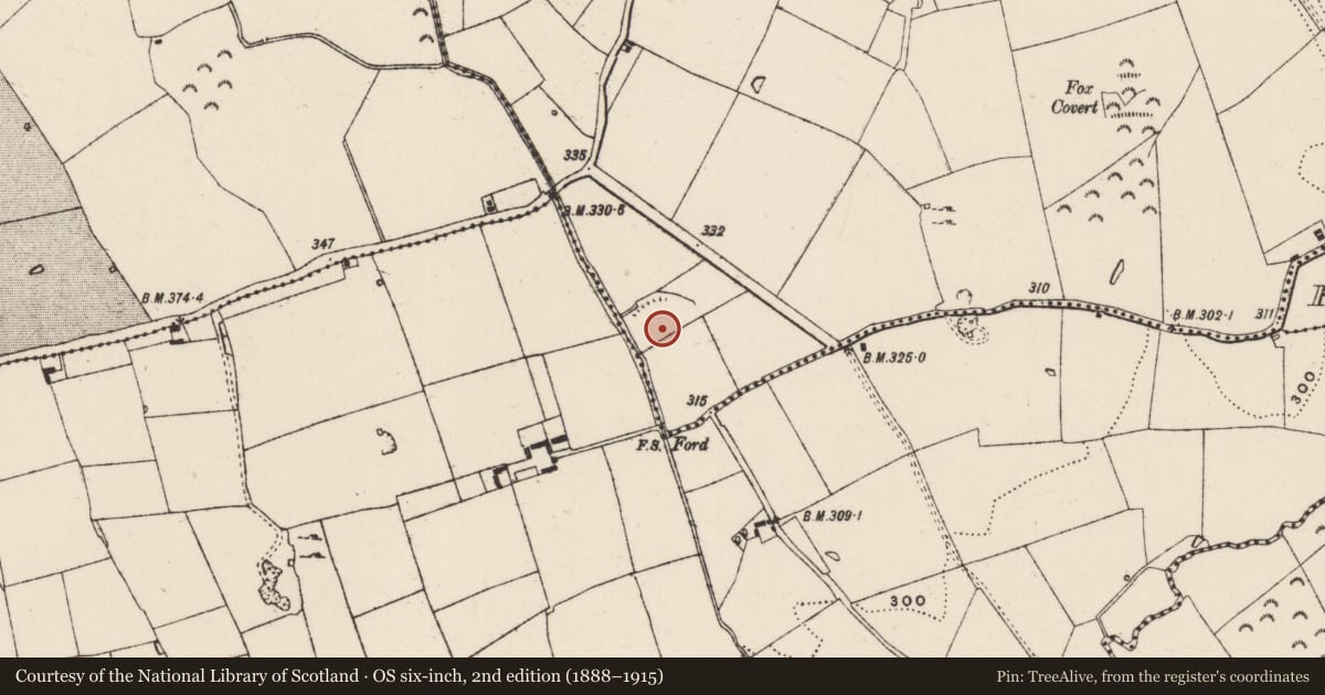 Ordnance Survey six-inch map, 2nd edition (1888–1915) covering the location of Ringfort - rath, Curraghscarteen, County Tipperary South, with a pin at the register's coordinates