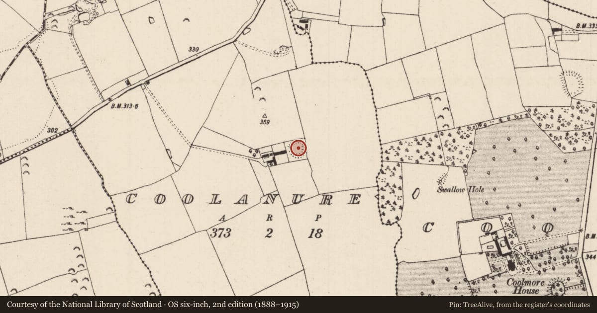 Ordnance Survey six-inch map, 2nd edition (1888–1915) covering the location of Enclosure, Coolanure, County Tipperary South, with a pin at the register's coordinates