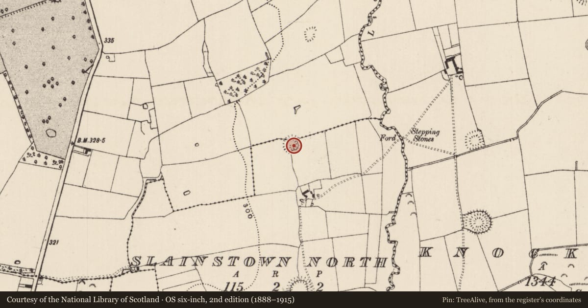 Ordnance Survey six-inch map, 2nd edition (1888–1915) covering the location of Ringfort - rath, Coolmore, Slainstown North, County Tipperary South, with a pin at the register's coordinates